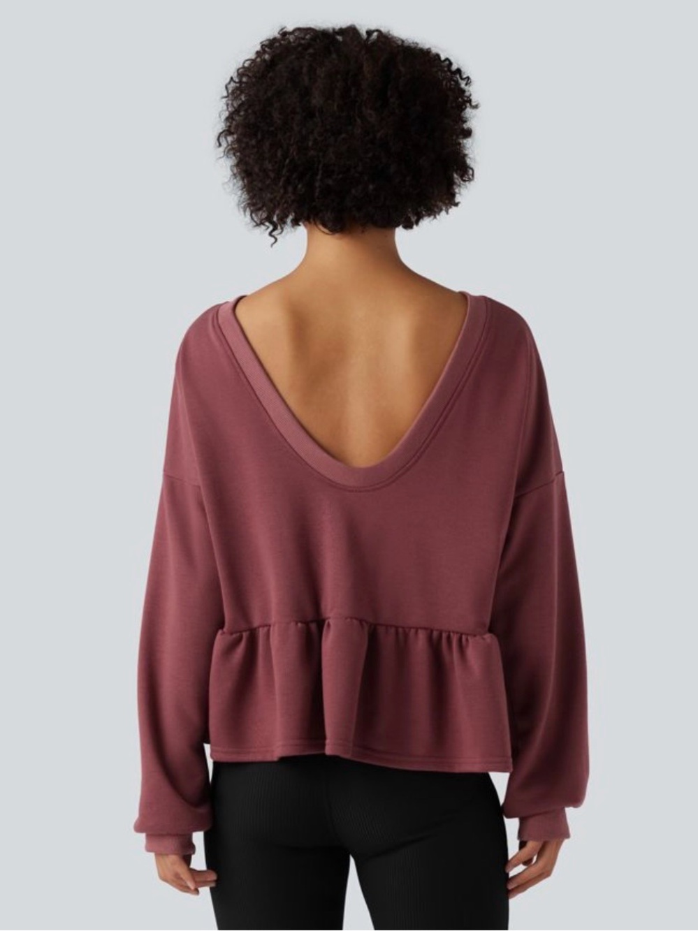 HALARA V Back Long Sleeve Ruffle Hem Casual Sweatshirt Size M Roan Rouge